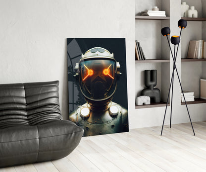 Futuristic robot head with glowing orange eyes displayed in modern living room with gray sofa and wooden shelving.