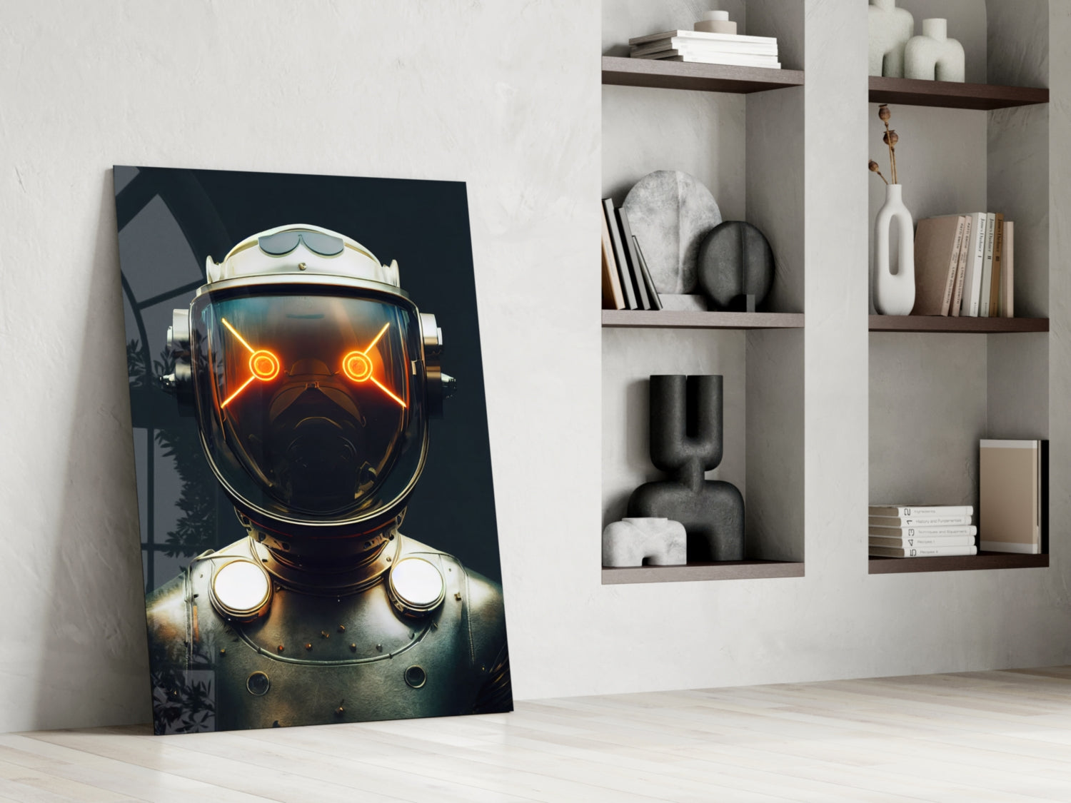 Glass wall art leaning against white wall displays futuristic robot head with glowing orange eyes and metallic details against dark background.