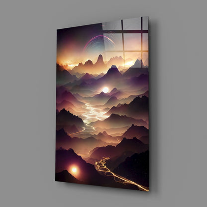 Angled view of glass wall art displaying layered mountains at sunset with glowing pink planetary ring and illuminated valley path, mounted on gray wall.