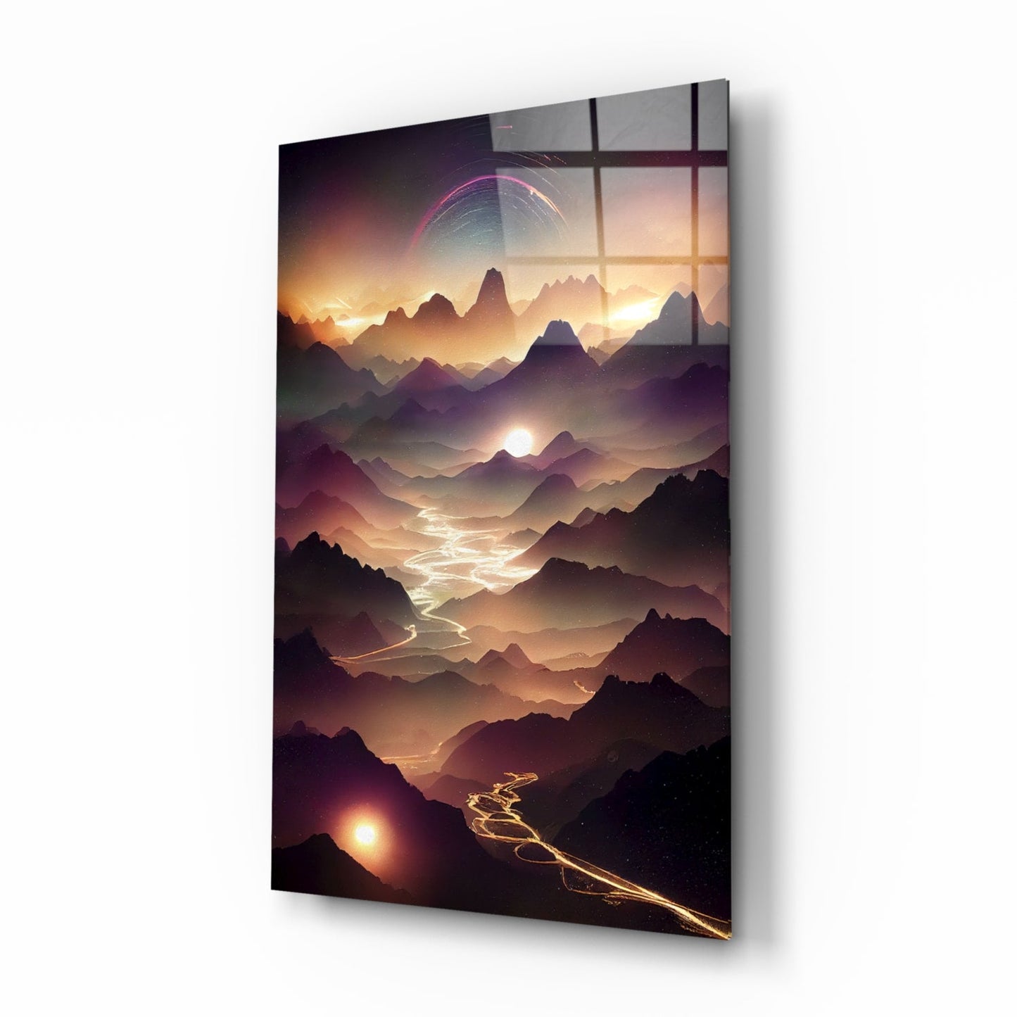 Angled perspective of glass wall art displaying layered mountains at sunset with glowing rivers and dual suns beneath a pink neon arc.