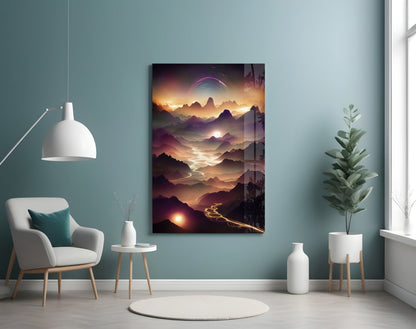 Vertical glass wall art displaying a glowing mountain landscape with golden sunset, pink sky, and illuminated valley, mounted in modern teal room setting.