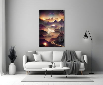 Lava Glass Wall Art hanging above white sofa in modern living room, depicting golden-hour mountain landscape with glowing valley and purple sky.