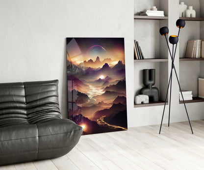 Modern living room interior featuring a large glass wall art panel depicting a golden-hour mountain landscape with glowing lights, positioned beside a dark leather chair.