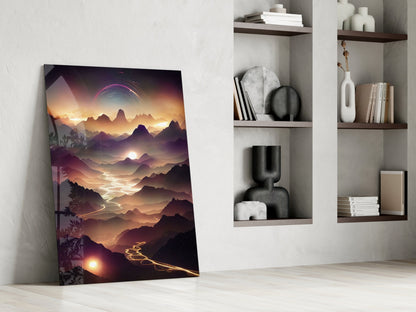 Glass wall art leaning against white wall displays golden sunset over layered mountains with glowing river, positioned beside white shelving unit with decorative items.