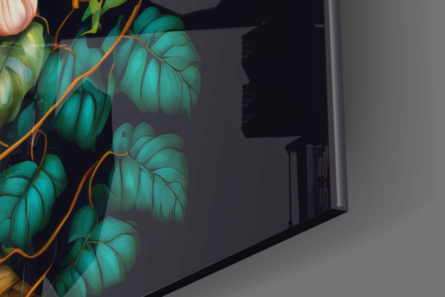 Close-up angled view of teal hop cone artwork on dark glass panel with gold vine stems and pink flower detail.