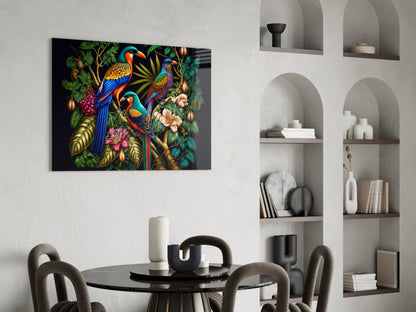 Vibrant glass wall art depicting colorful parrots among tropical foliage hangs above a round black dining table with upholstered chairs.