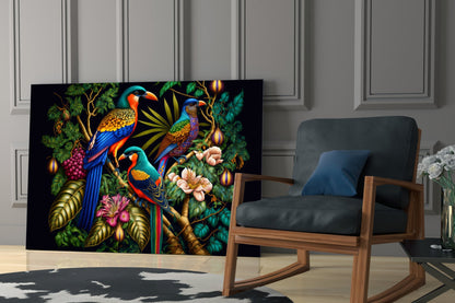 Tropical Birds Glass Wall Art displayed in modern living room next to wooden chair, featuring vibrant parrots and flowers on black background.