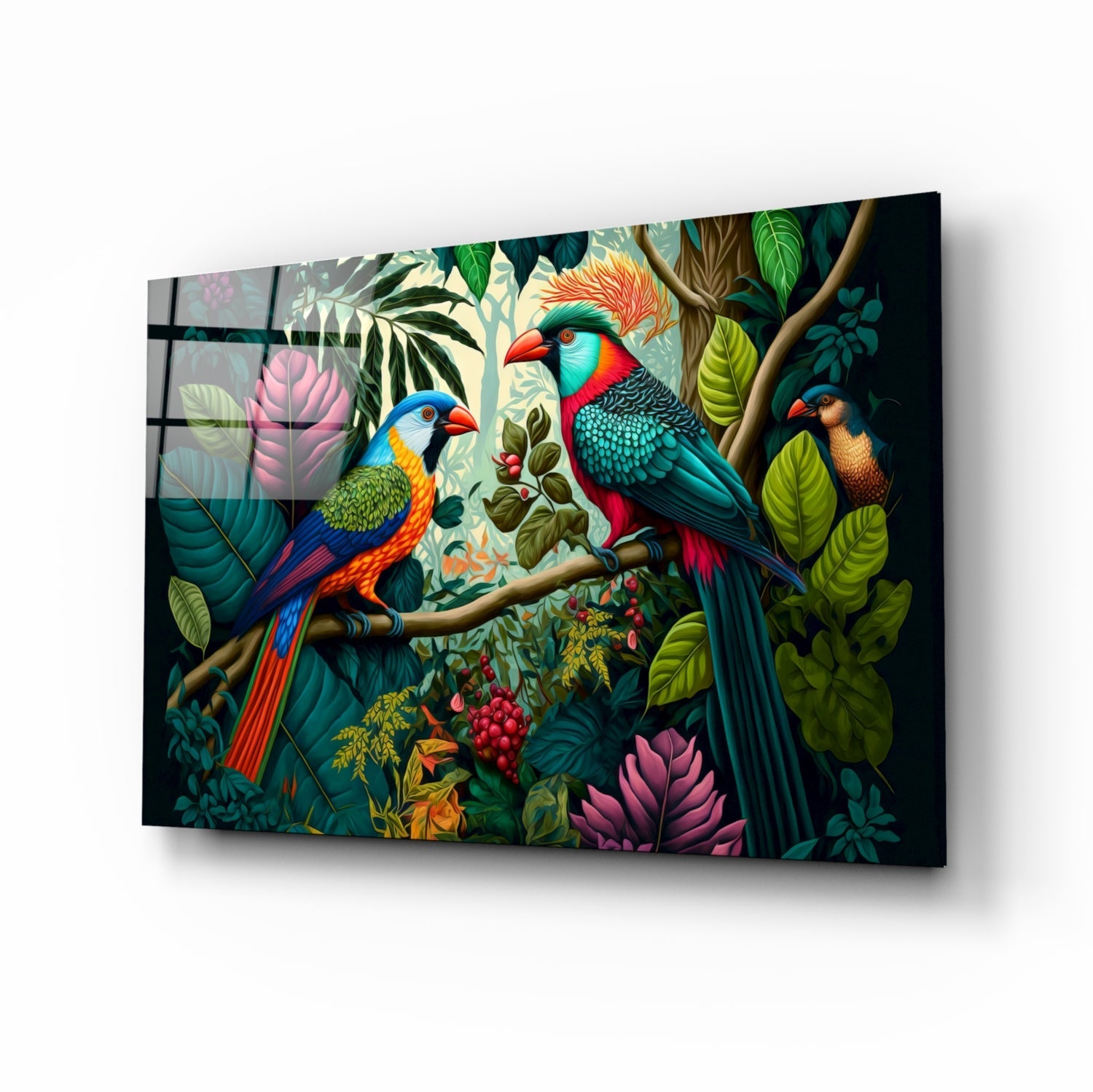 Three colorful parrots perched on a branch surrounded by tropical foliage on a tilted glass wall art panel with black grid lines.