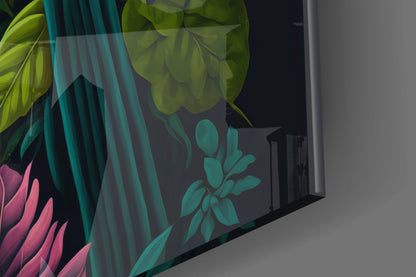 Close-up angled view of glass wall art displaying colorful botanical illustration with pink, teal, and lime green foliage on dark background.