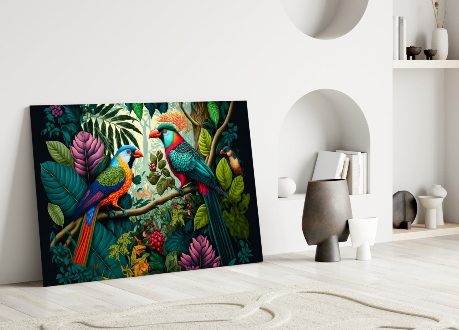 Colorful glass wall art panel leaning against white wall displays two vibrant parrots perched on branch surrounded by tropical foliage and flowers.
