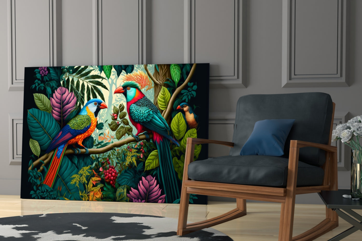 Colorful tropical parrot glass wall art displaying vibrant birds among green foliage and pink flowers displayed in modern living room interior.