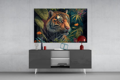 Tiger surrounded by tropical foliage and orange flowers displayed as framed glass wall art above gray media console.