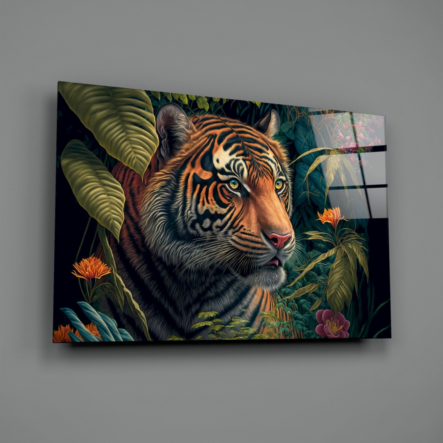 Tiger surrounded by tropical foliage and flowers displayed as angled glass wall art against gray background.