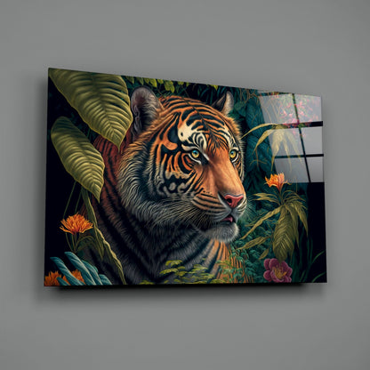 Tiger surrounded by tropical foliage and flowers displayed as angled glass wall art against gray background.