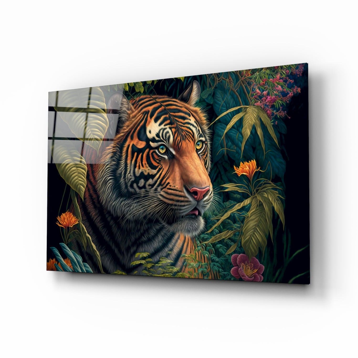 Glass wall art displaying a detailed tiger portrait surrounded by tropical flowers and foliage on dark background, angled perspective view.