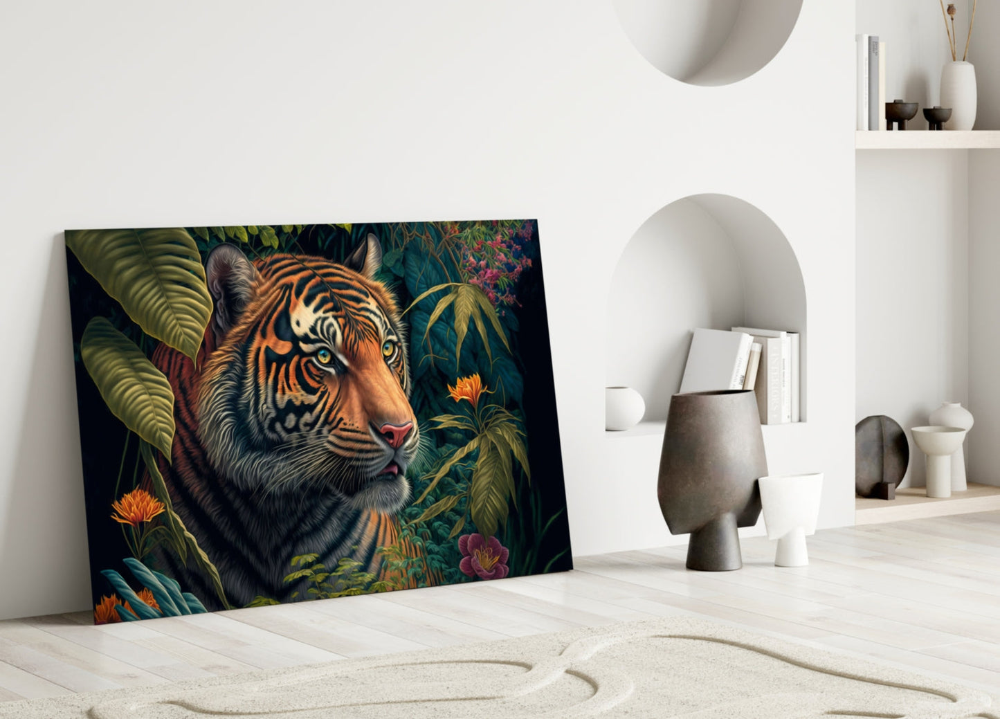 Tiger surrounded by colorful tropical flowers and foliage leans against white wall in minimalist interior setting.