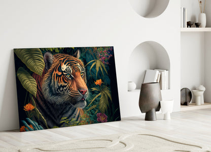 Tiger surrounded by colorful tropical flowers and foliage leans against white wall in minimalist interior setting.