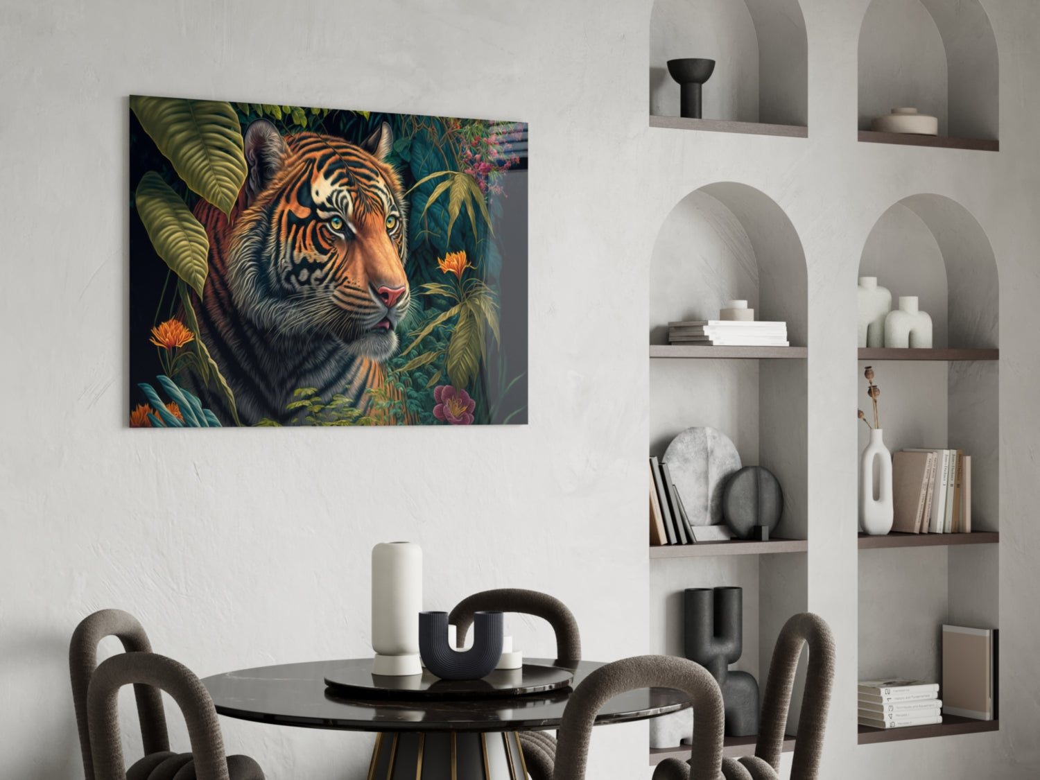 Tiger surrounded by colorful tropical flowers and foliage displayed as glass wall art above a dining table.