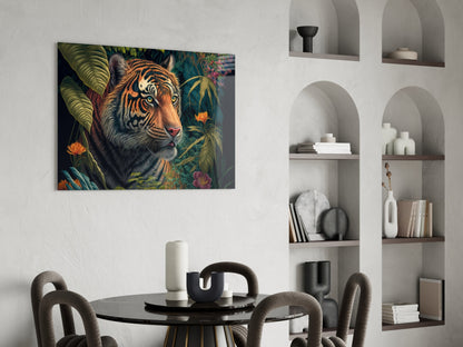 Tiger surrounded by colorful tropical flowers and foliage displayed as glass wall art above a dining table.