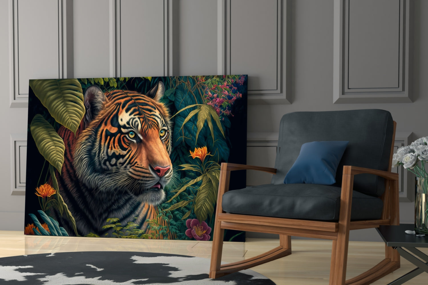 Glass wall art depicting a detailed tiger surrounded by colorful flowers and green foliage displayed in a modern living room setting.