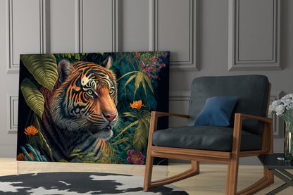 Glass wall art depicting a detailed tiger surrounded by colorful flowers and green foliage displayed in a modern living room setting.