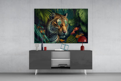 Tiger with turquoise eyes surrounded by tropical foliage and flowers displayed above modern gray media console.