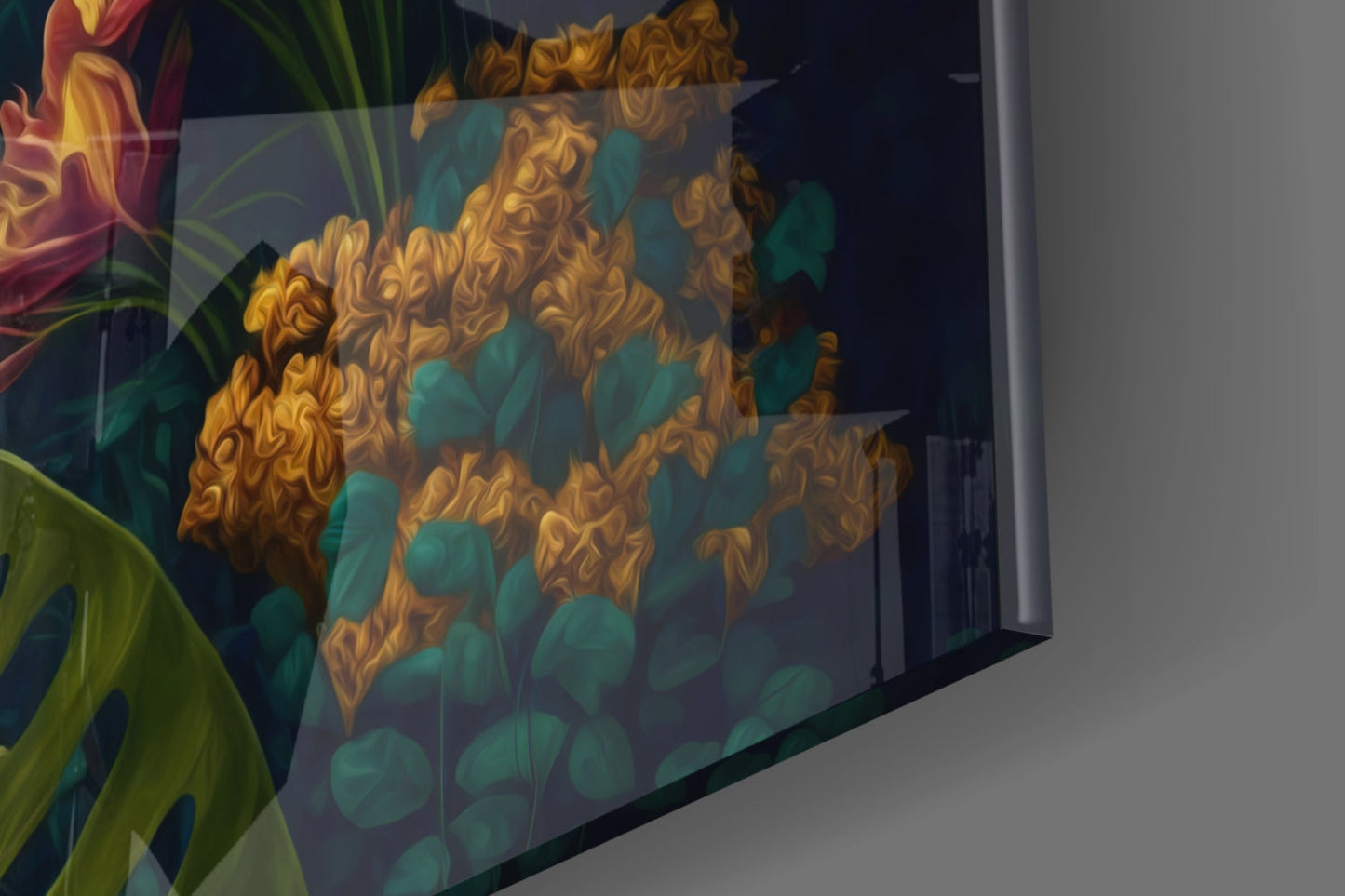 Close-up angled view of glass wall art displaying golden textured flowers and teal leaves against dark background.