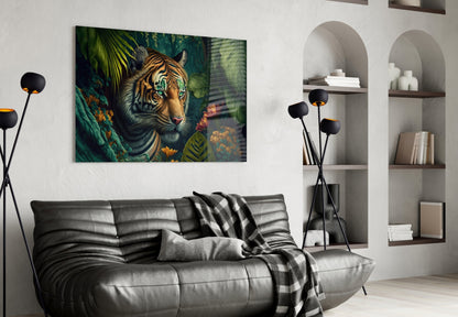 Tiger with green foliage and flowers displayed as framed glass art above grey leather sofa in modern living room.