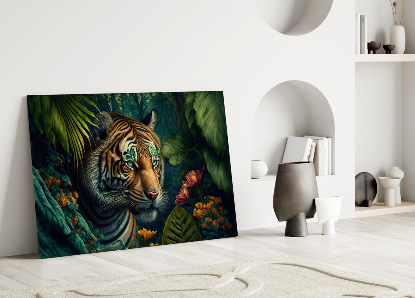 Tiger with striking green eyes surrounded by green foliage and golden flowers in jungle setting, displayed on floor against white wall.