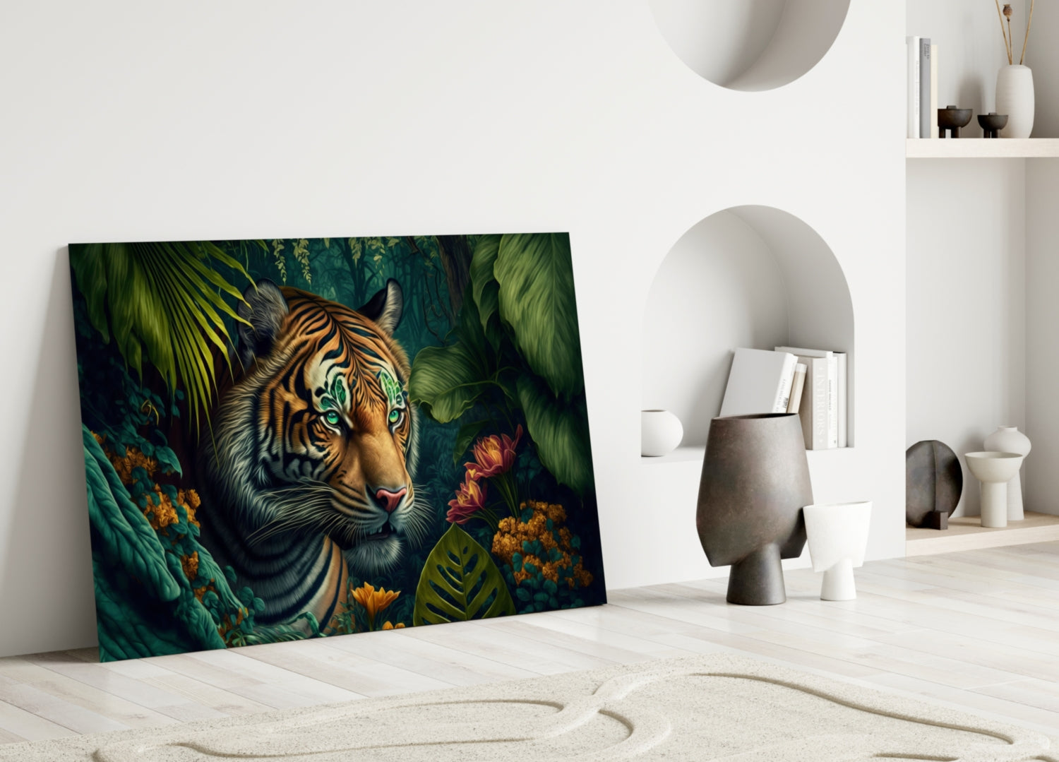 Tiger with striking green eyes surrounded by green foliage and golden flowers in jungle setting, displayed on floor against white wall.
