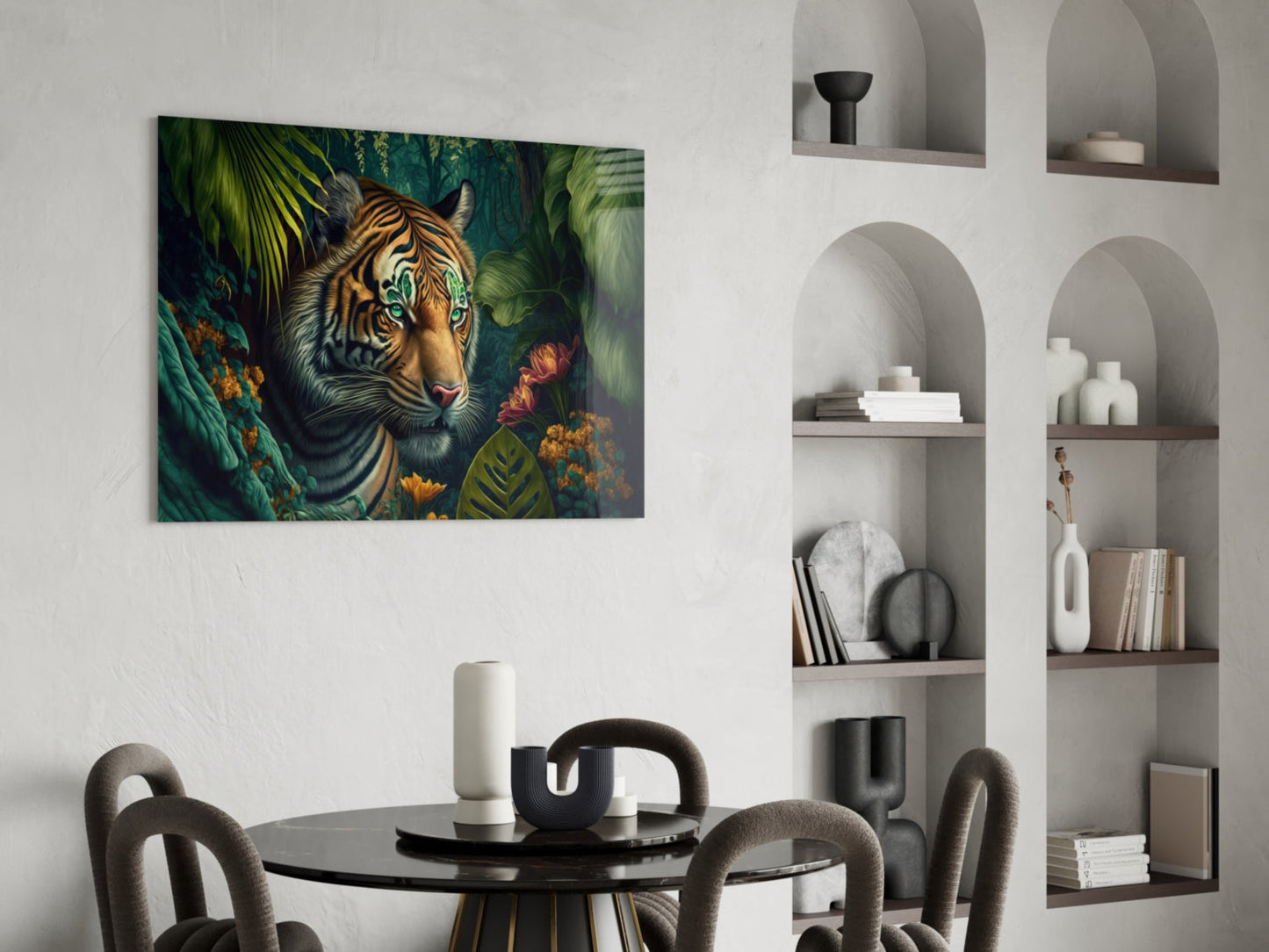 Tiger with striking green eyes surrounded by tropical foliage and golden flowers on canvas hanging above dining table.