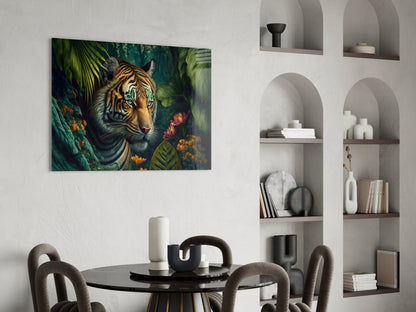 Tiger with striking green eyes surrounded by tropical foliage and golden flowers on canvas hanging above dining table.