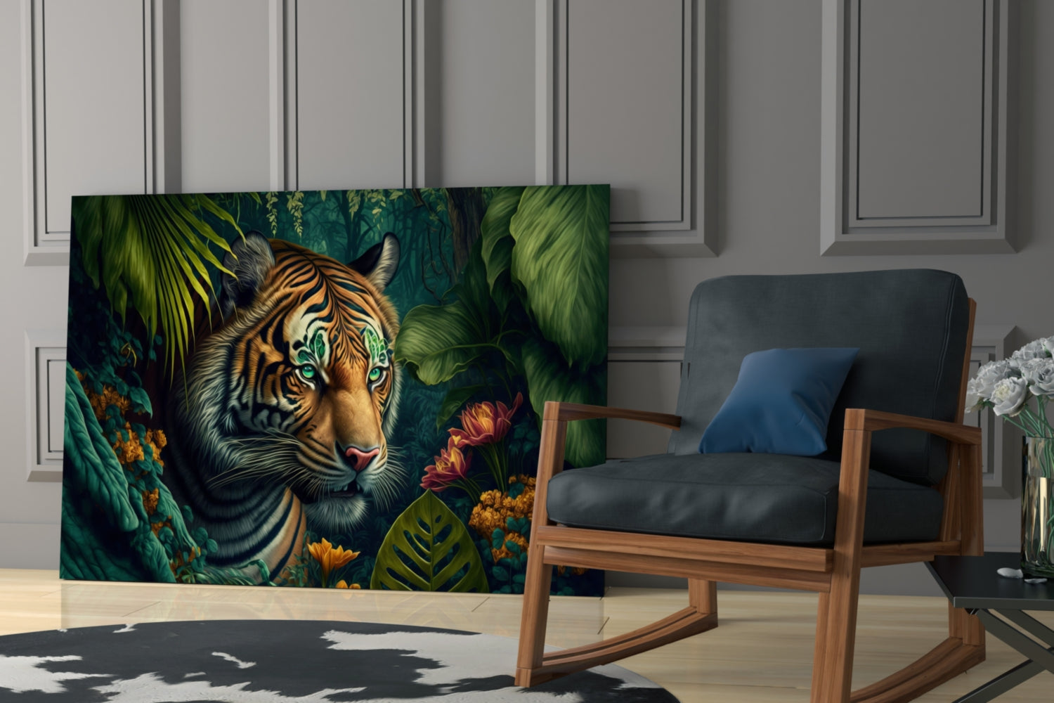 Tiger with striking turquoise eyes surrounded by lush green foliage and golden flowers displayed as glass wall art in modern interior setting.