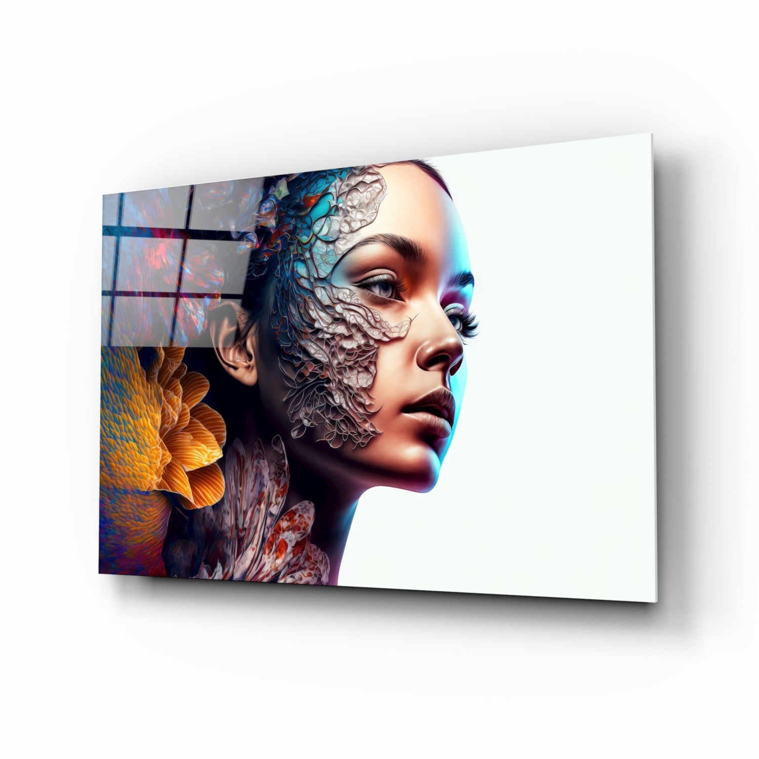 Glass wall art displaying a woman's profile with intricate textured patterns, vibrant blue and orange accents, mounted at an angle.