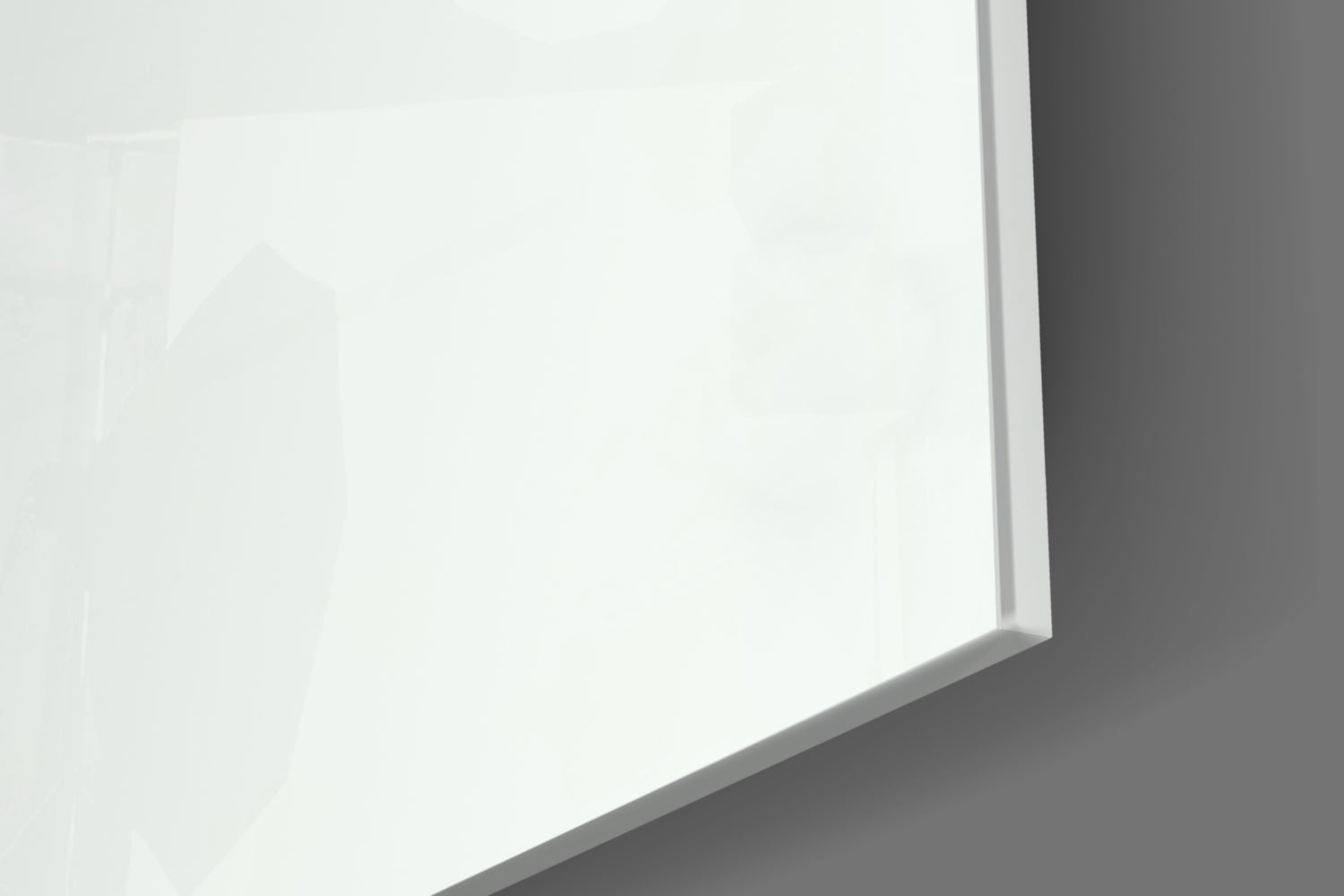 Close-up angled view of white frosted glass panel edge with gray shadow on neutral background.