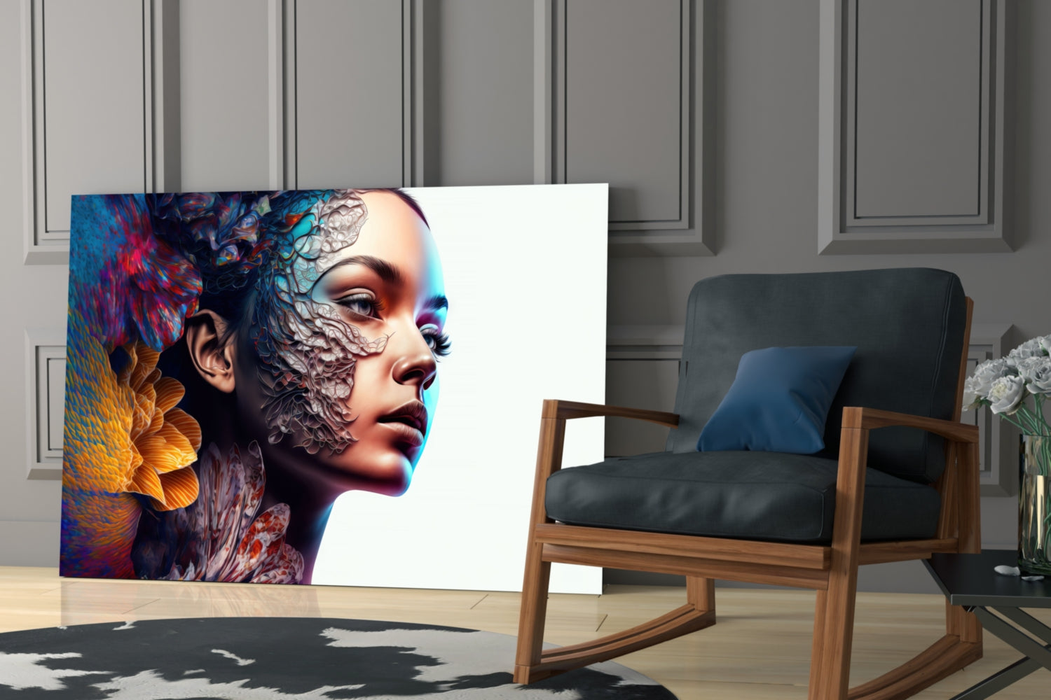Glass art panel displaying colorful profile portrait with textured overlay, displayed in modern interior beside wooden chair.