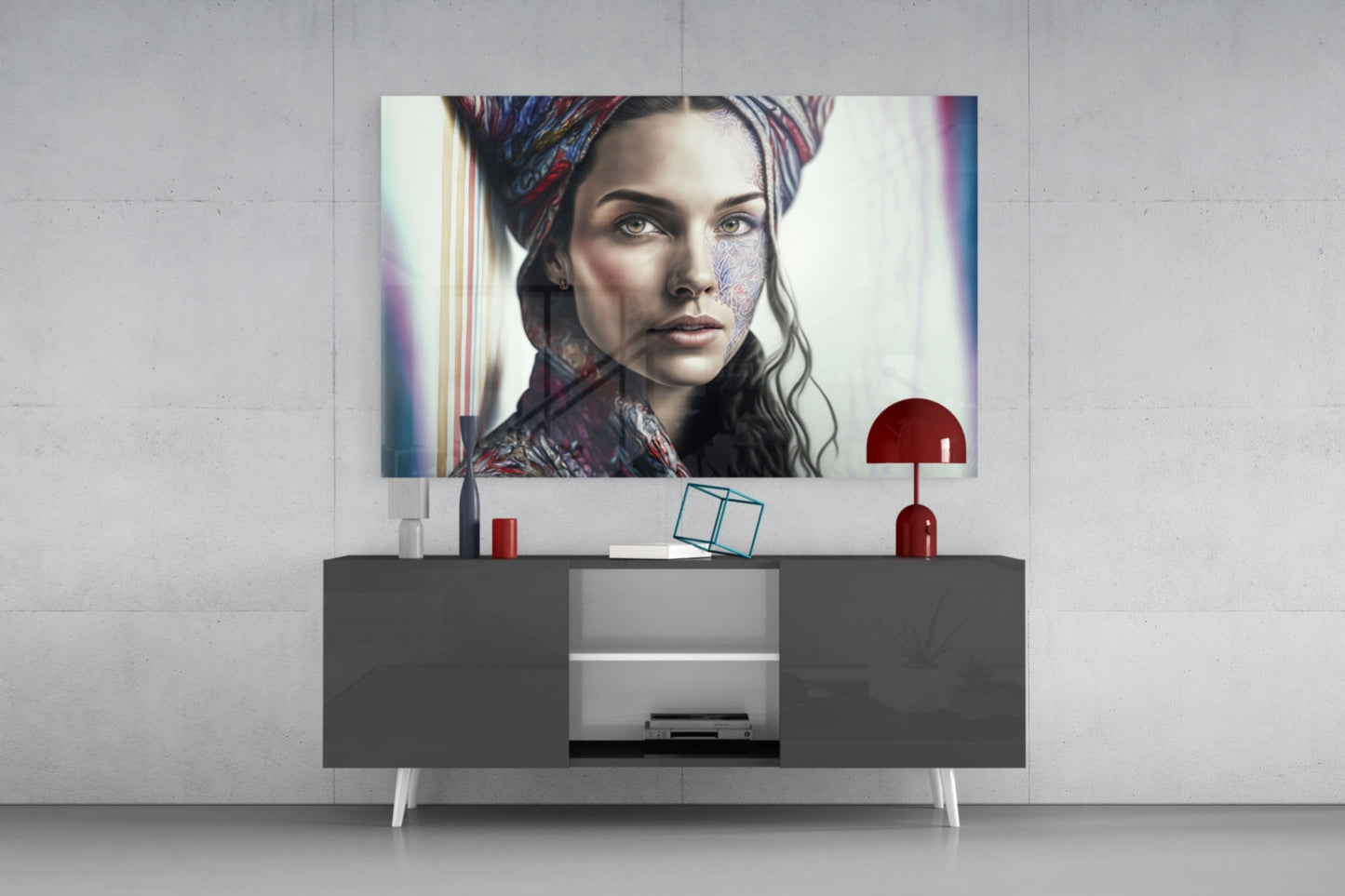 Paisley Scarf Woman Floral Face Tattoo Glass Wall Art