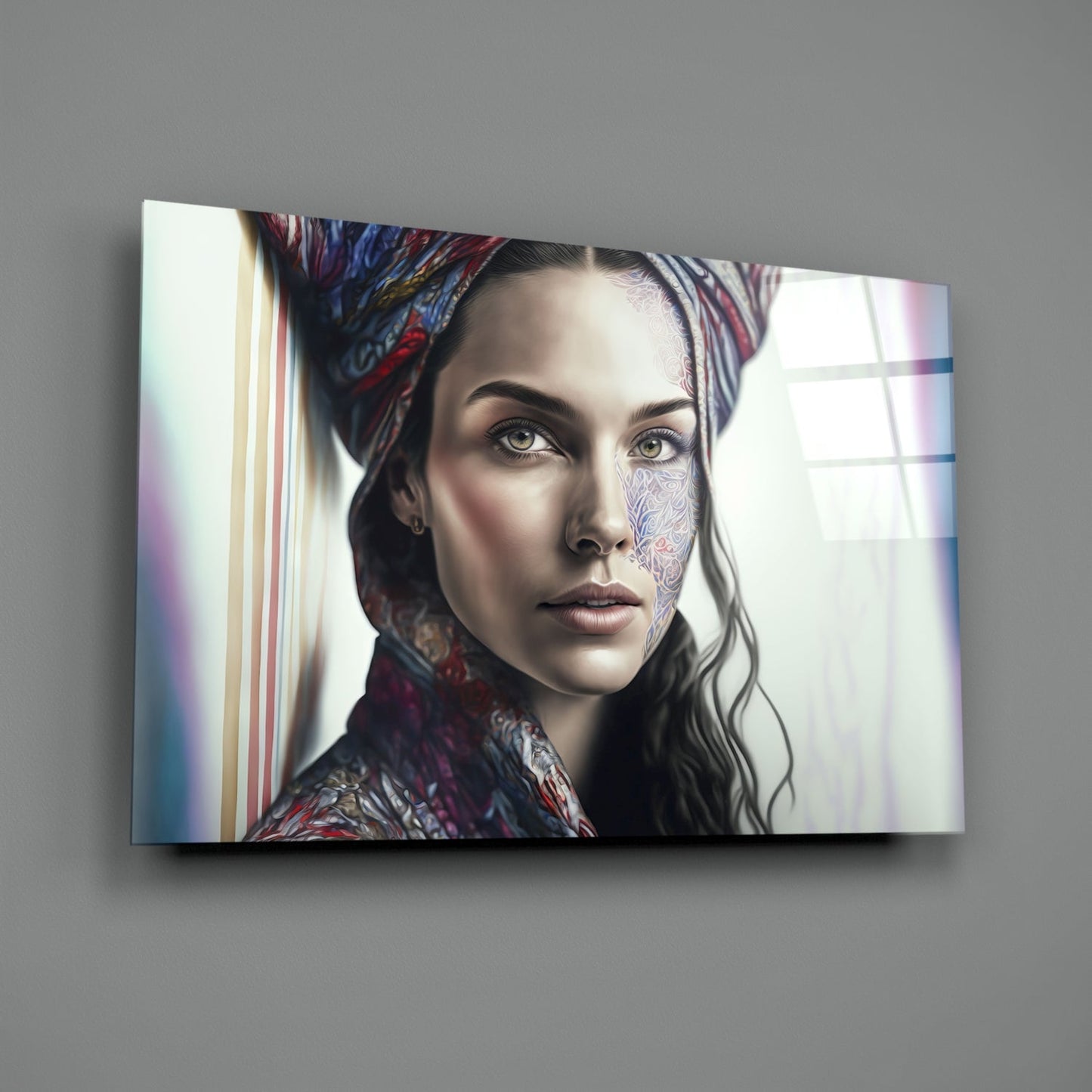 Paisley Scarf Woman Floral Face Tattoo Glass Wall Art