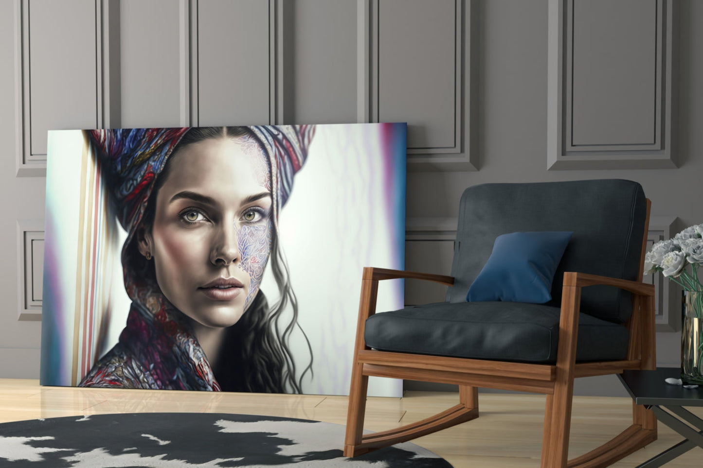 Paisley Scarf Woman Floral Face Tattoo Glass Wall Art