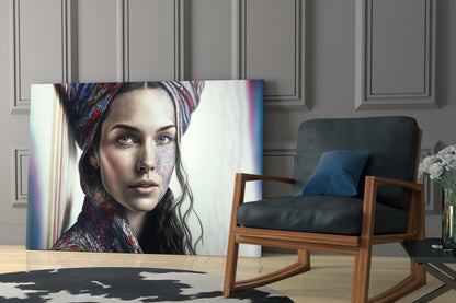 Paisley Scarf Woman Floral Face Tattoo Glass Wall Art