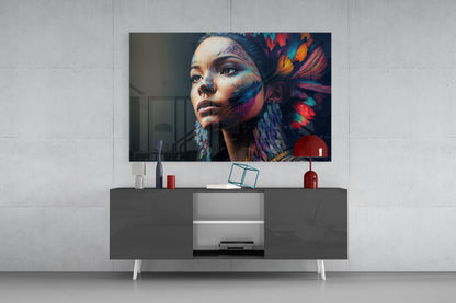 Rainbow Feather Headdress Painted Woman Glass Wall Art