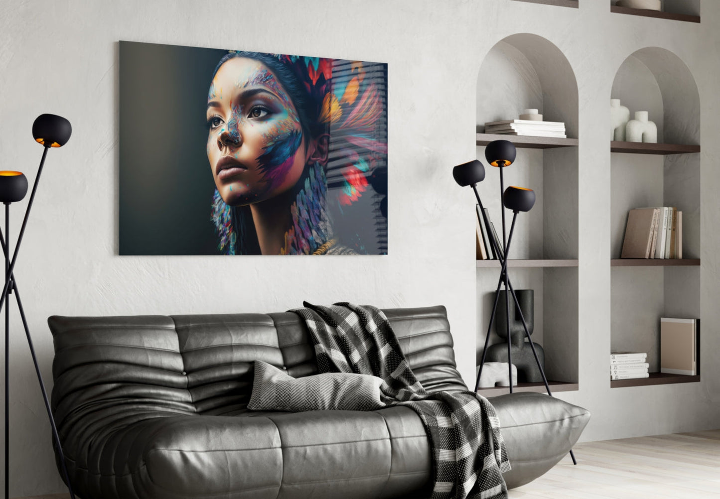 Rainbow Feather Headdress Painted Woman Glass Wall Art