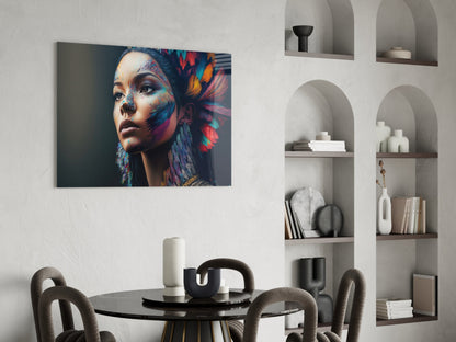 Rainbow Feather Headdress Painted Woman Glass Wall Art