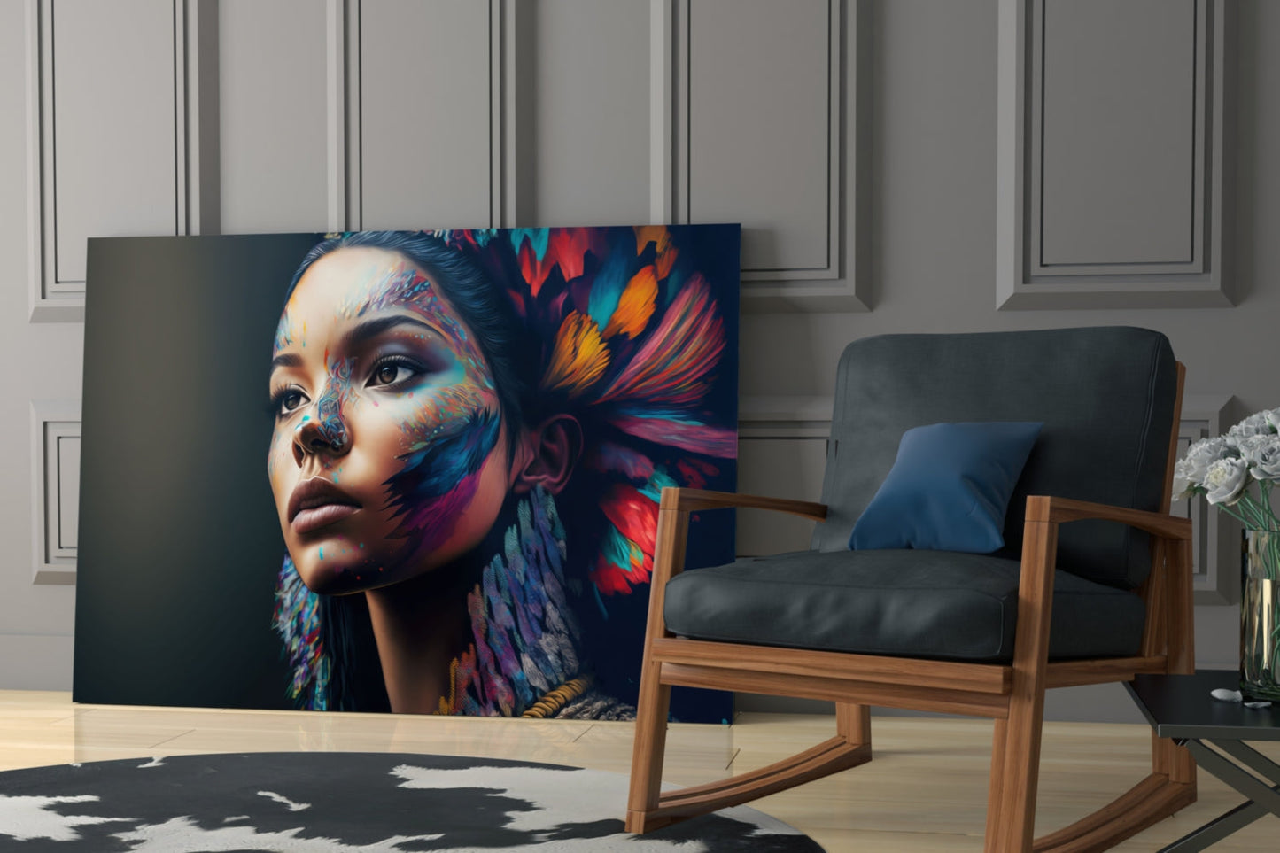 Rainbow Feather Headdress Painted Woman Glass Wall Art
