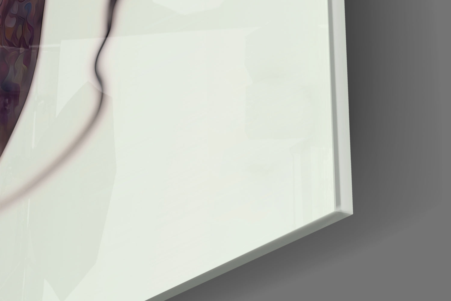 Blank white glass panel with gray binding edge photographed at close angle against gray background.