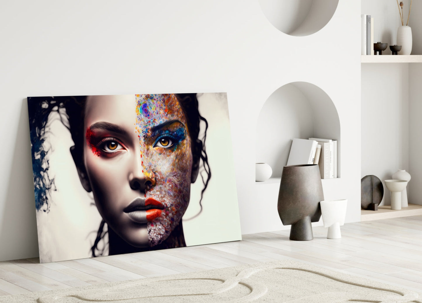 Colorful glass wall art featuring a split portrait with vibrant abstract patterns on one side, displayed leaning against white interior shelving.