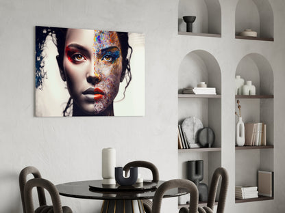 Modern dining room with glass wall art depicting colorful abstract female face portrait above round black table with gray chairs.