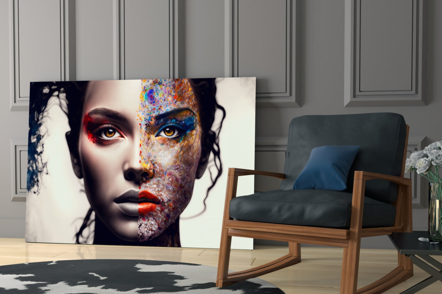 Modern interior with mid-century wooden chair beside large glass wall art depicting colorful abstract face portrait with striking eyes.