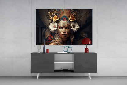 Modern living room setup displaying Queen of Flowers glass wall art above gray media console with white legs and decorative accessories.