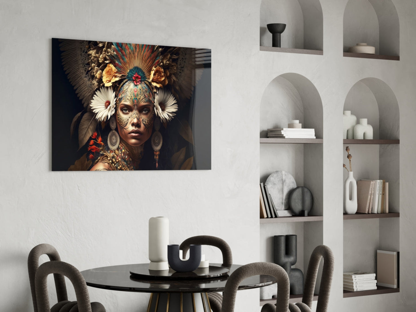 Glass wall art depicting an ornately adorned woman with feathered headdress and gold facial markings displayed above a dining table.